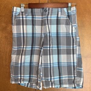 EUC youth’s blue/grey/white plaid shorts - size 14